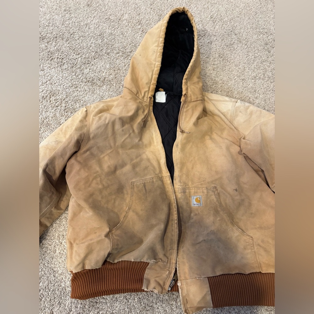 Carhartt Tan Hooded Work Jacket Distressed